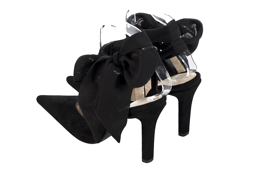 Matt black women's open back shoes, with an ankle scarf. Pointed toe. Very high slim heel. Rear view - Florence KOOIJMAN